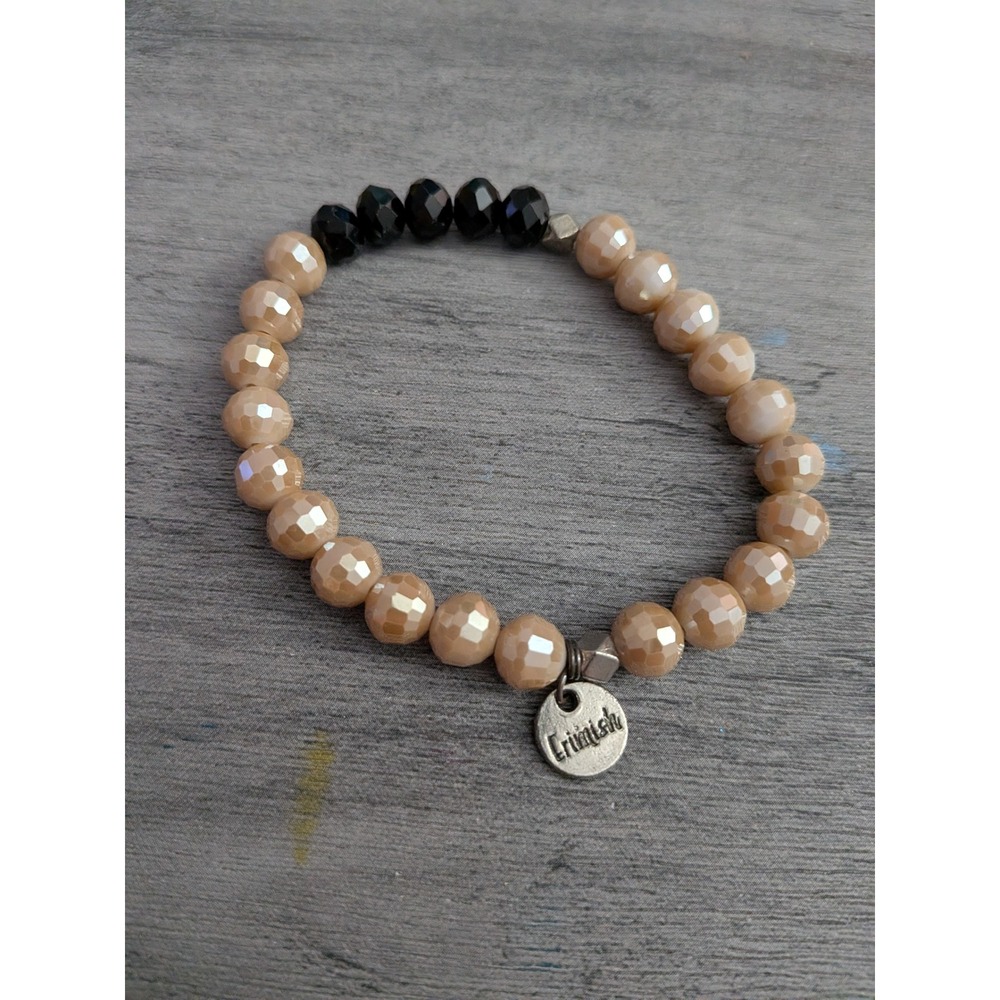 Erimish Beaded Stretch Bracelet Champagne Black Faceted Glass Charm Boho